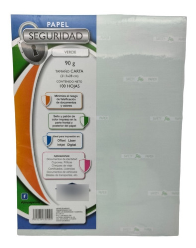 Papel Seguridad Jlm  Color Verde 90gr. 100 Hojas