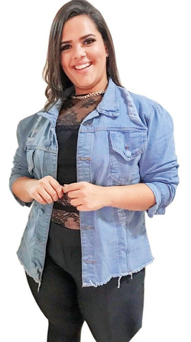 Imagem 1 de 4 de Jaqueta Jeans Feminino Plus Size Detalhe Rasgado G1 Ao G4