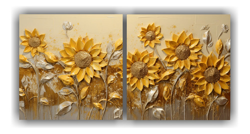 60x30cm Cuadro Relieve Girasoles Dorados En Lienzo Flores