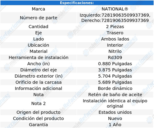 Par De Retenes Rueda Traseros Int 238 05 Al 14 National