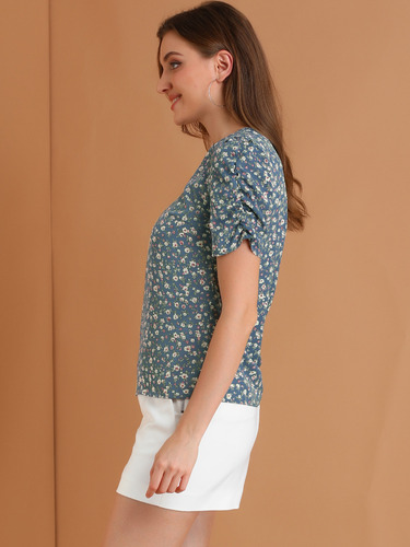 Blusa Floral Mujer Camisa Fruncida Tops Con Cuello Redondo