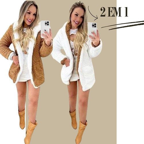 Casaco Teddy Pelúcia Dupla Face Inverno Feminino Com Capuz