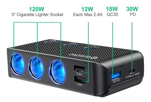 Divisor De Isqueiro De Carro Eugizmo 200w Com 3 Soquetes Com