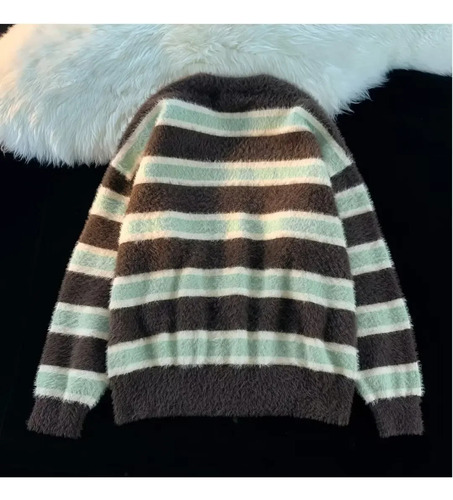 Suéter Tejido A Rayas Estilo Americano Cuello Redondo