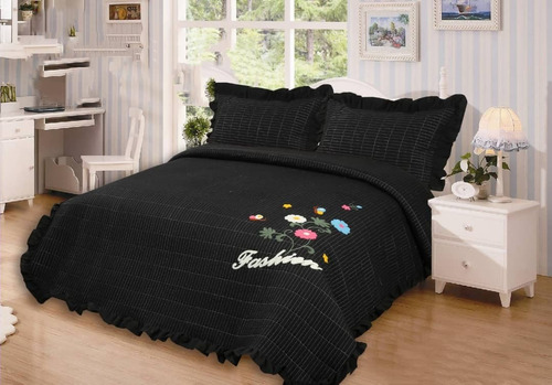 Cubrecama Bordados Quilt 2plaza Color Negro Teng Fei