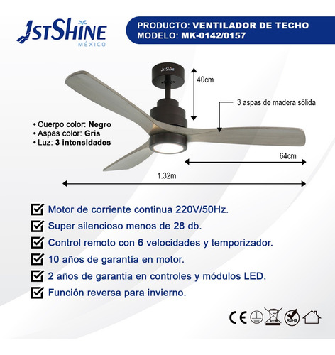Ventilador De Techo 1st Shine 52 3 Aspas Madera Modulo Led