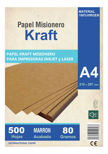 Papel Kraft A4 80 Resma 500 Hojas Madera Misionero Marron