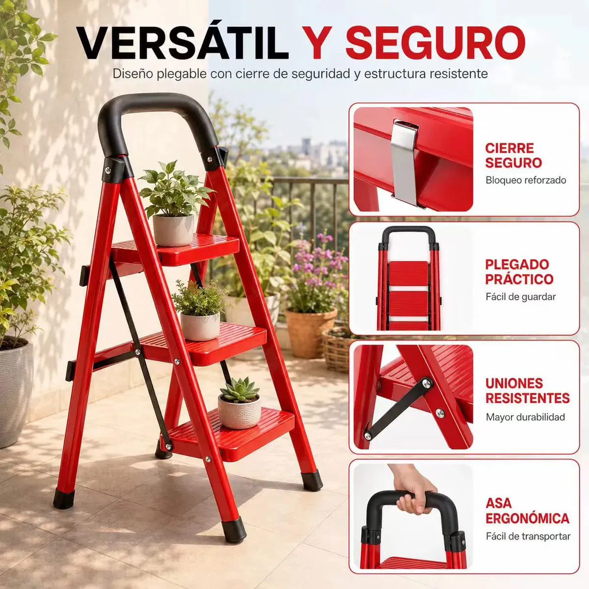 Escaleras Plegables Tijera 3 Peldanos De Acero Con Peldaños Antideslizantes Y Cierre De Seguridad Para Hogar Y Trabajo SURPDAY