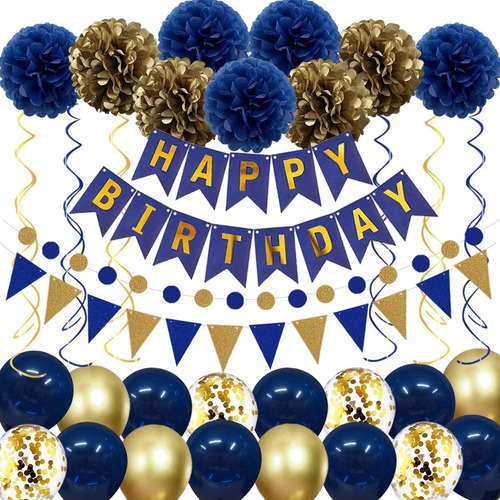 Kit De Decoración Para Cumpleaños Globos Dorados Y Azules