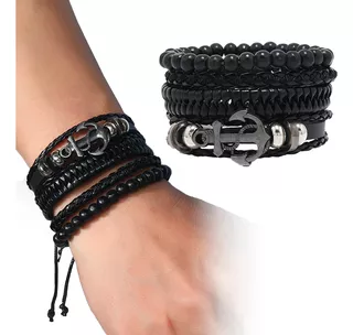 Pulsera Hombre Ancla Cuerda Cuero Cuentas 4 En 1 Full