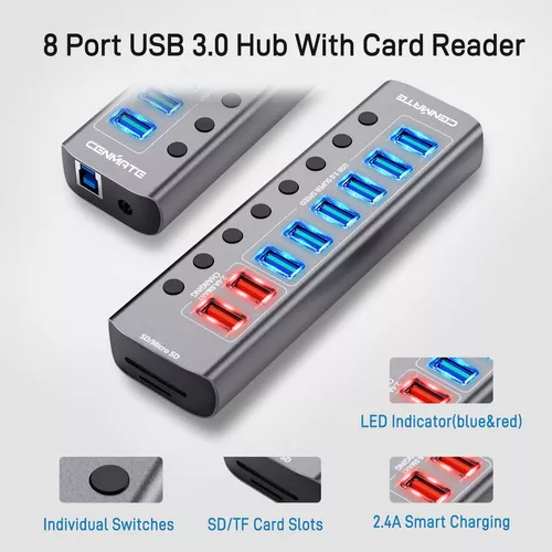 Hub USB alimentado, concentrador USB 3.0 de 8 puertos con lectores de  tarjetas SD/TF, Hub de puerto USB 3.0 con interruptores individuales de