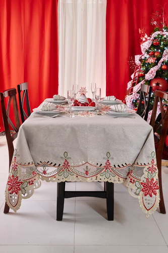 Mantel Navideño Rectangular Para 6 Sillas. Flor De Navidad