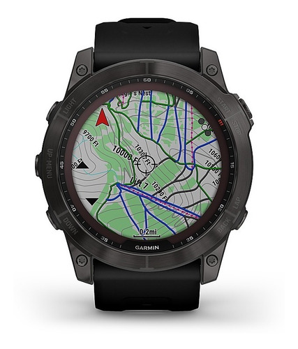 Smartwatch Garmin Zafiro Solar Fenix 7X 1.4" caja 51mm de polímero reforzado con fibra negra, malla negra de silicona y bisel carbon gray de titanio y dlc