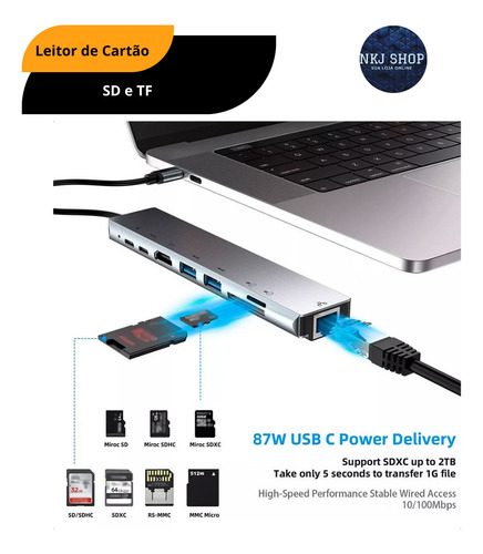 Hub 3.0 Tipo C Para Macbook M1 M2 Hdmi 4k Cartão Rj45 8 Em 1
