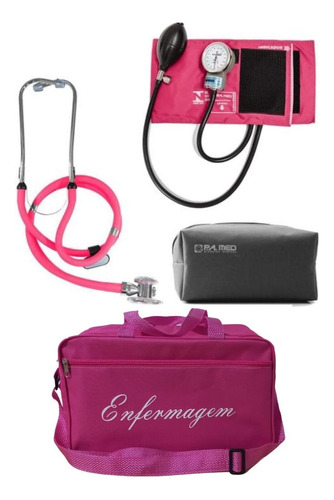 Kit Enfermagem Com Esteto Esfigmo E Bolsa Rosa Pink