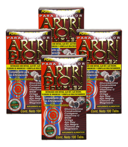 Artri Bion Max Rojo 4pz 100 Tabs 500 Mg C/u Reforzado Ortiga Sabor Vitamina