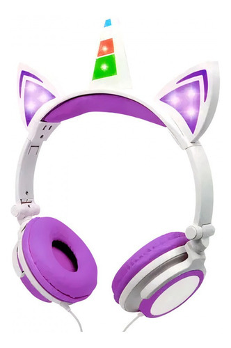 Fone Ouvido Unicórnio Headphone Com Orelhas Criança Luz Led Cor Roxo