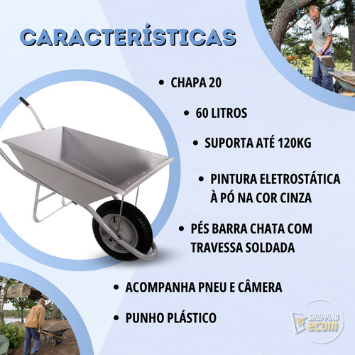 Carrinho De Mão Reforçado Profissional 60lts Obras Combo 3un