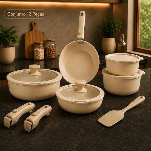 Conjunto De Panelas Kit 12 Peças Premium Revestimento Cerâmica Antiaderente com Cabos Removiveis Induçao Chama Gas Eletrico Forno Cor Bege