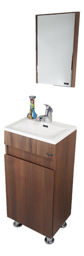 Gabinete para baño Lucas Malone Quad 40 + bacha + espejo de 40cm de ancho, 80cm de alto y 30cm de profundidad, con lavabo color blanco y mueble terracota con un agujero para grifería