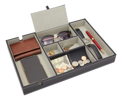 Mens Valet Tray, Nightstand Organizer With 6 Compartments