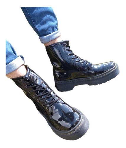 Botas Estilo Militar Plataforma Negro Charol