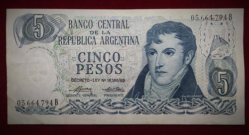 Billete 5 Pesos Ley Serie B 1974 Bottero 2330