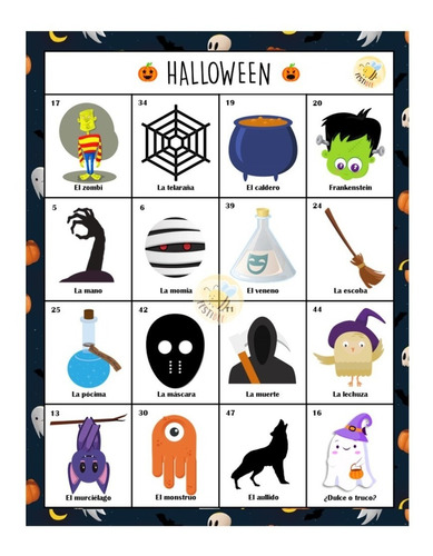 Lotería Halloween Imprimible En Español Y En Inglés