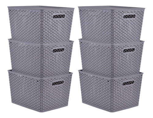 Set De 6 Cajas Organizadoras Simil Rattan Gris Begônia Color Gris Oscuro