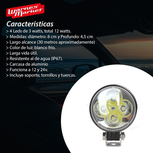 Imagen 2 de 10 de Faro Led Auxiliar Circular 12w 8cm 12v / 24v Auto Camion