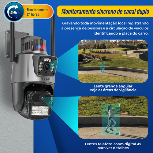Câmera De Segurança Ip Hw Ptz 2 Lentes Wi-fi Com Sirene, Visão Noturna Colorida, Áudio Bidirecional, Rastreamento Automático E Zoom Digital