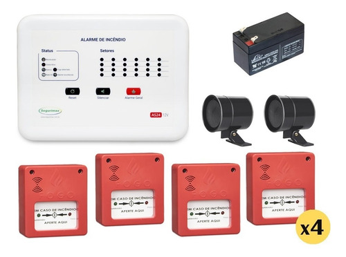 Kit Central Alarme Incêndio 6 Setor +4 Acionador +2 Sirenes