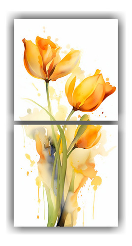 140x70cm Cuadro Flores Tulipanes Amarillo Y Naranja Pintura 