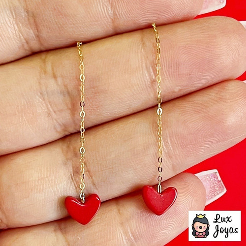 Imagen 5 de 5 de Aros Largos Cadena Corazón Ágata Rojo De Protección Oro 18k