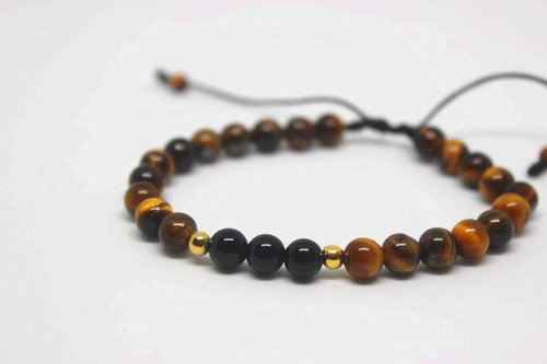 Pulsera Piedra Natural Ojo De Tigre, Onix Y Oro Golfi