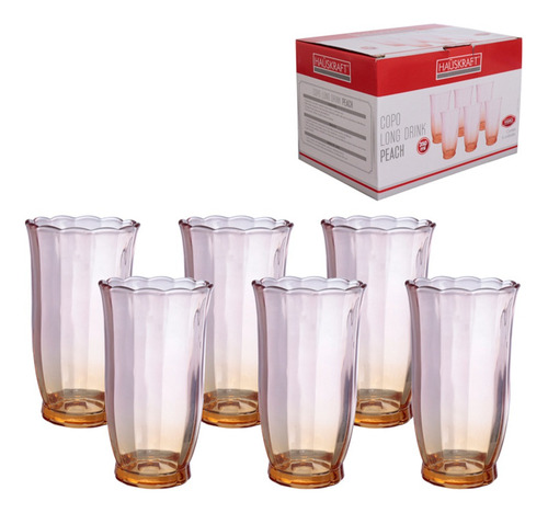 Jogo De 6 Copos Long Drink Peach Vidro 350ml Cor Dupla Cor