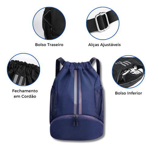 Mochila Saco Esportiva Treino Passeio Academia Impermeável Cor Azul-escuro Desenho Do Tecido Liso Com Listra