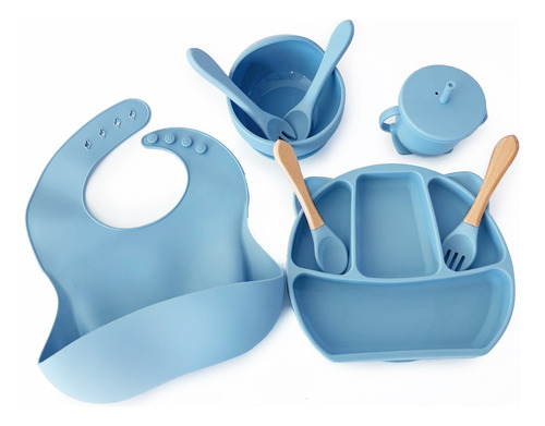 Kit Para Comida Bebe: Babero+plato+bowl+cubiertos+vaso Color Celeste Kit 3