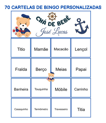 70 Cartelas Bingo Baby Chá Pdf Nome Personalizado
