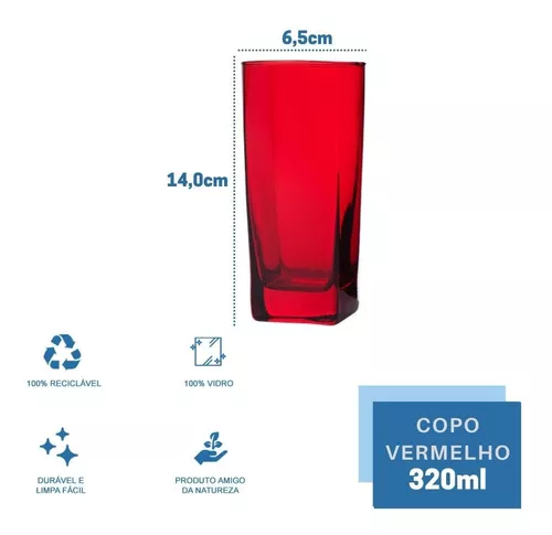 Jogo 18 Copos Chiques Vidro Quadrado 320ml Vermelho Luxo