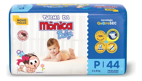 Fralda Descartável Infantil Turma da Mônica Baby P Pacote 44 Unid...