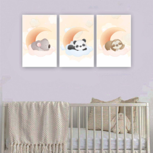 Kit Quadros 3 Pçs Infantil Safari Koala, Panda E Preguiça
