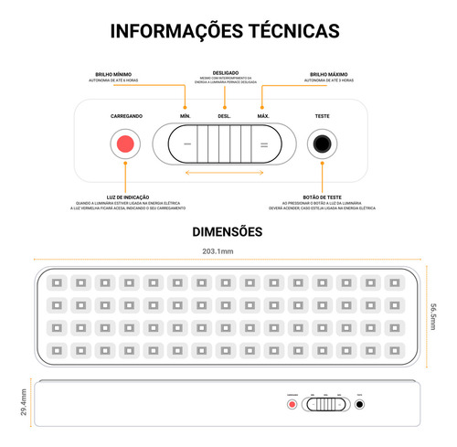 Kit 10 Luminária Emergência 60 Leds Recarregável 6000k Cor Branco Frio