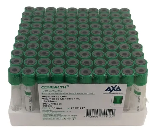 Tubo Tapa Verde Litio 4 Ml Gradilla X 100