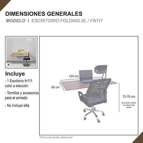 Imagen 4 de 6 de Escritorio Plegable 120x60 Cm Fijo Muro Folding Xl/ Fn111