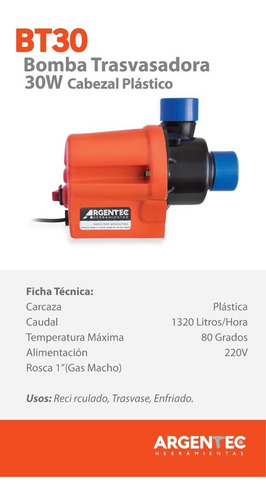 Imagen 3 de 5 de Bomba Argentec Trasvasadora Bt30 Cerveza Artesanal