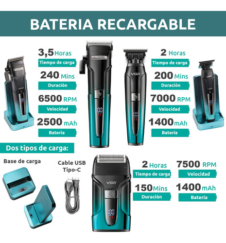 Kit profissional de aparador de cabelo sem fio e barbeador com base dourada Vgr V-694 3 em 1