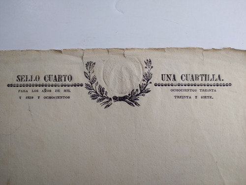 Antiguo Papel Sellado De México Sin Usar 1836-1837