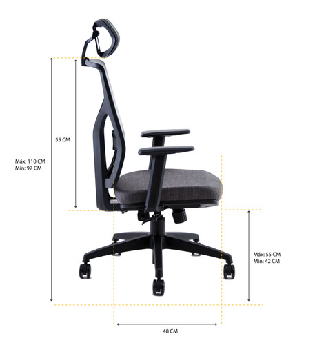 Silla de escritorio Rolic Cool con apoyabrazos ajustables 1D base de nylon y apoyacabezas ergonómica gris y negra con tapizado de mesh y milenium