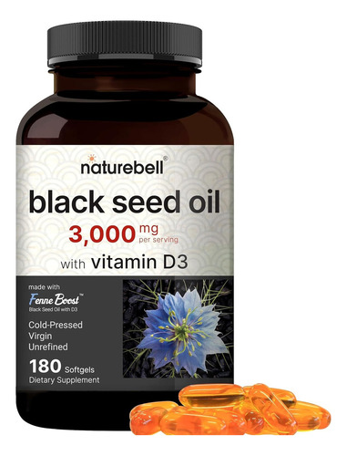 Naturebell Black Seed Oil Vitamin D3 3000 Mg 180 Softgels Sabor Sin Sabor